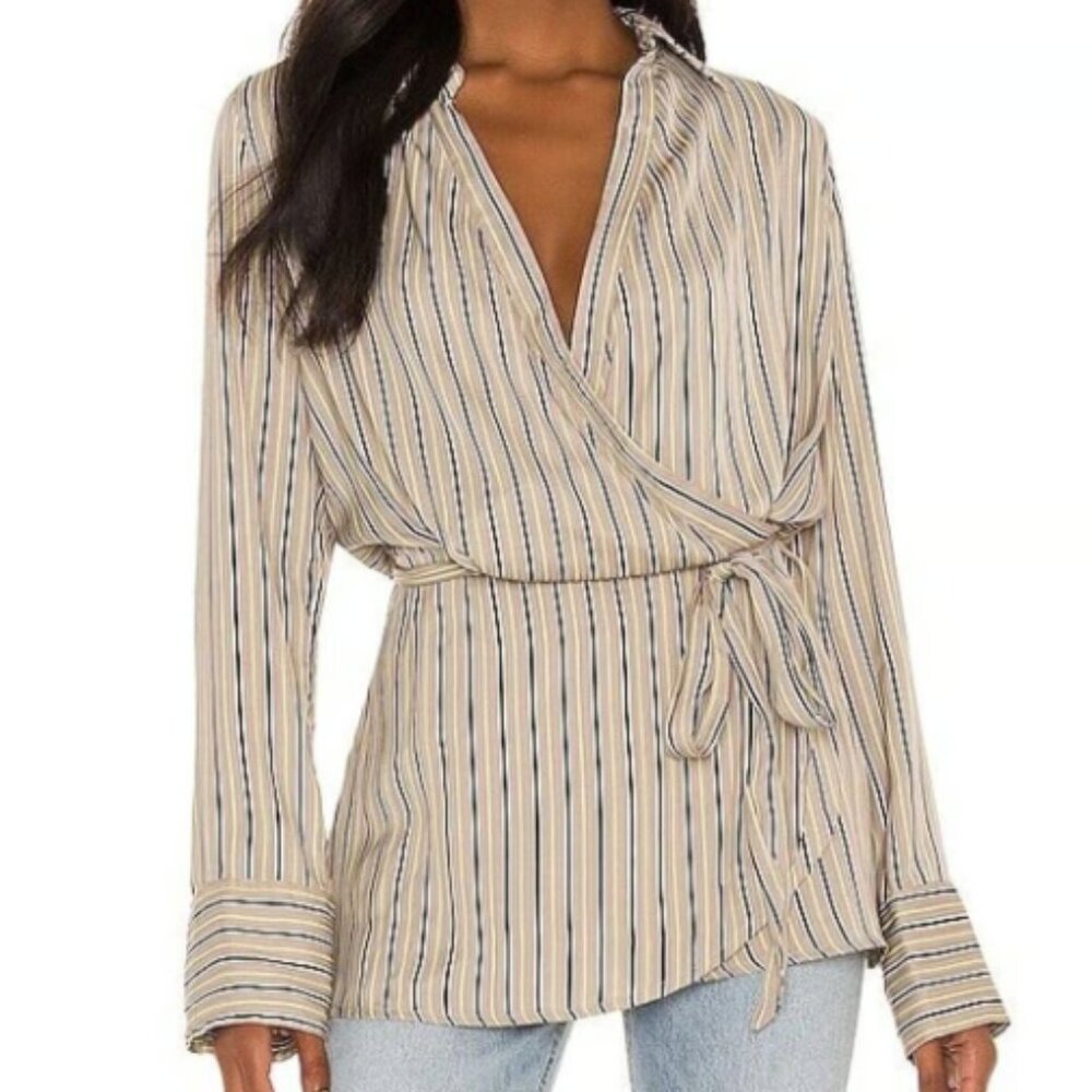 Free People Arlo Wrap Top Medium Tie Waist Striped Natural Combo NWT